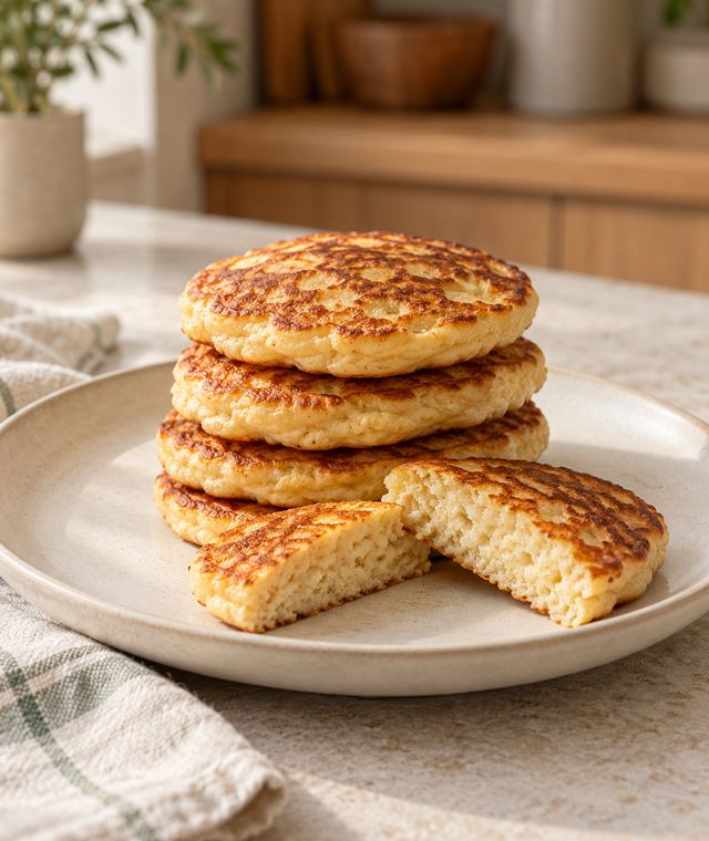 A stack of golden pancakes on a plate, one cut open to show the inside.